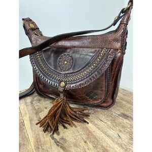 Patricia Nash Brown Leather Crossbody Bag Tassel Bohemian Style